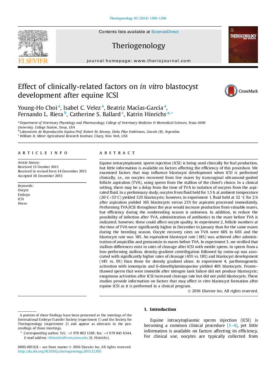 Effect of clinically-related factors on in vitro blastocyst development after equine ICSI 