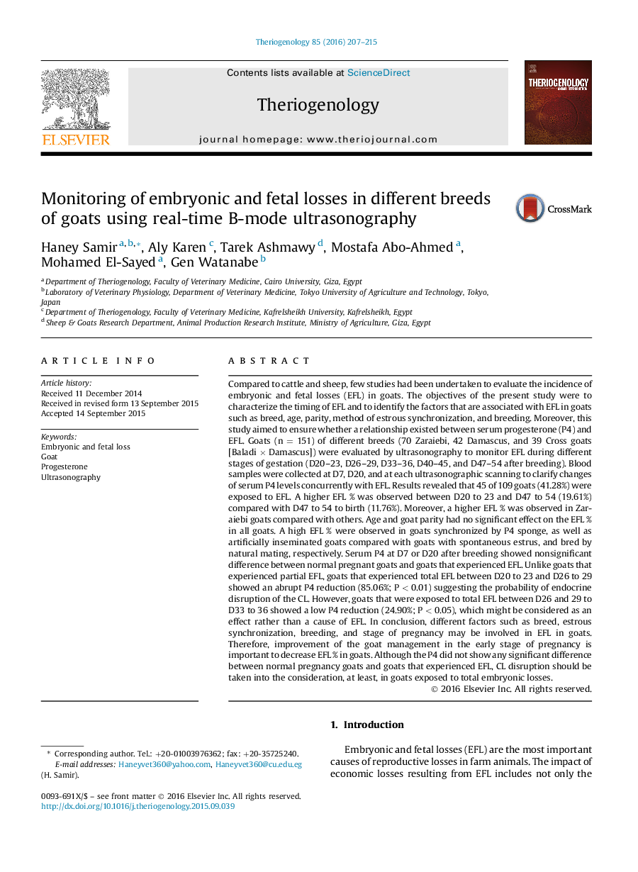 Monitoring of embryonic and fetal losses in different breeds of goats using real-time B-mode ultrasonography