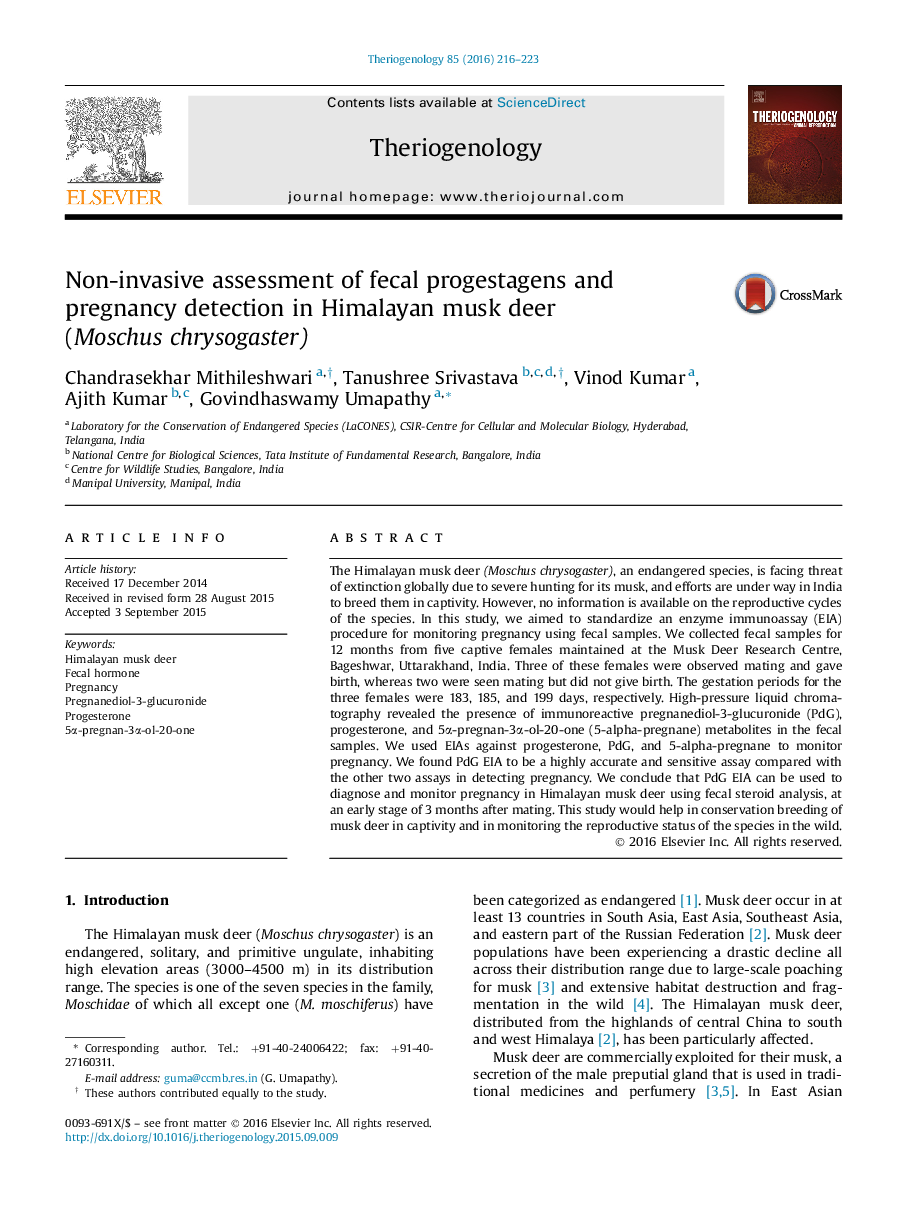 Non-invasive assessment of fecal progestagens and pregnancy detection in Himalayan musk deer (Moschus chrysogaster)