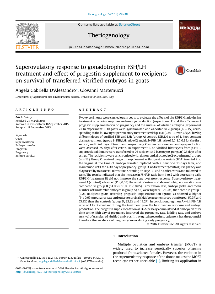 Superovulatory response to gonadotrophin FSH/LH treatment and effect of progestin supplement to recipients on survival of transferred vitrified embryos in goats