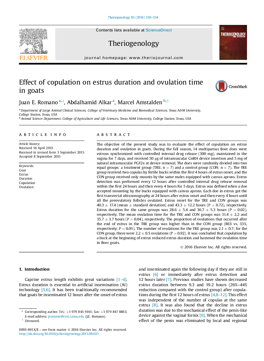 Effect of copulation on estrus duration and ovulation time in goats