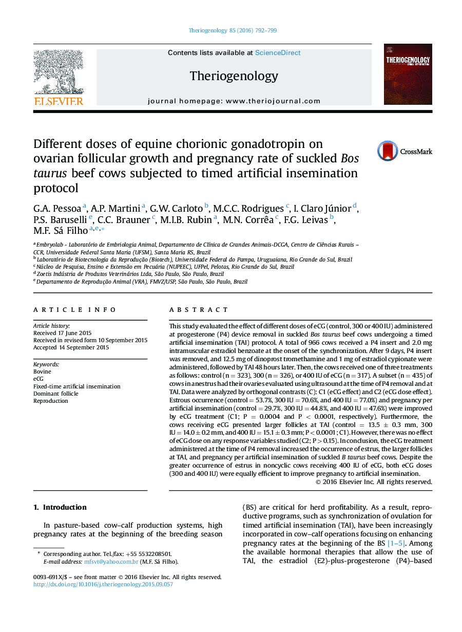 Different doses of equine chorionic gonadotropin on ovarian follicular growth and pregnancy rate of suckled Bos taurus beef cows subjected to timed artificial insemination protocol