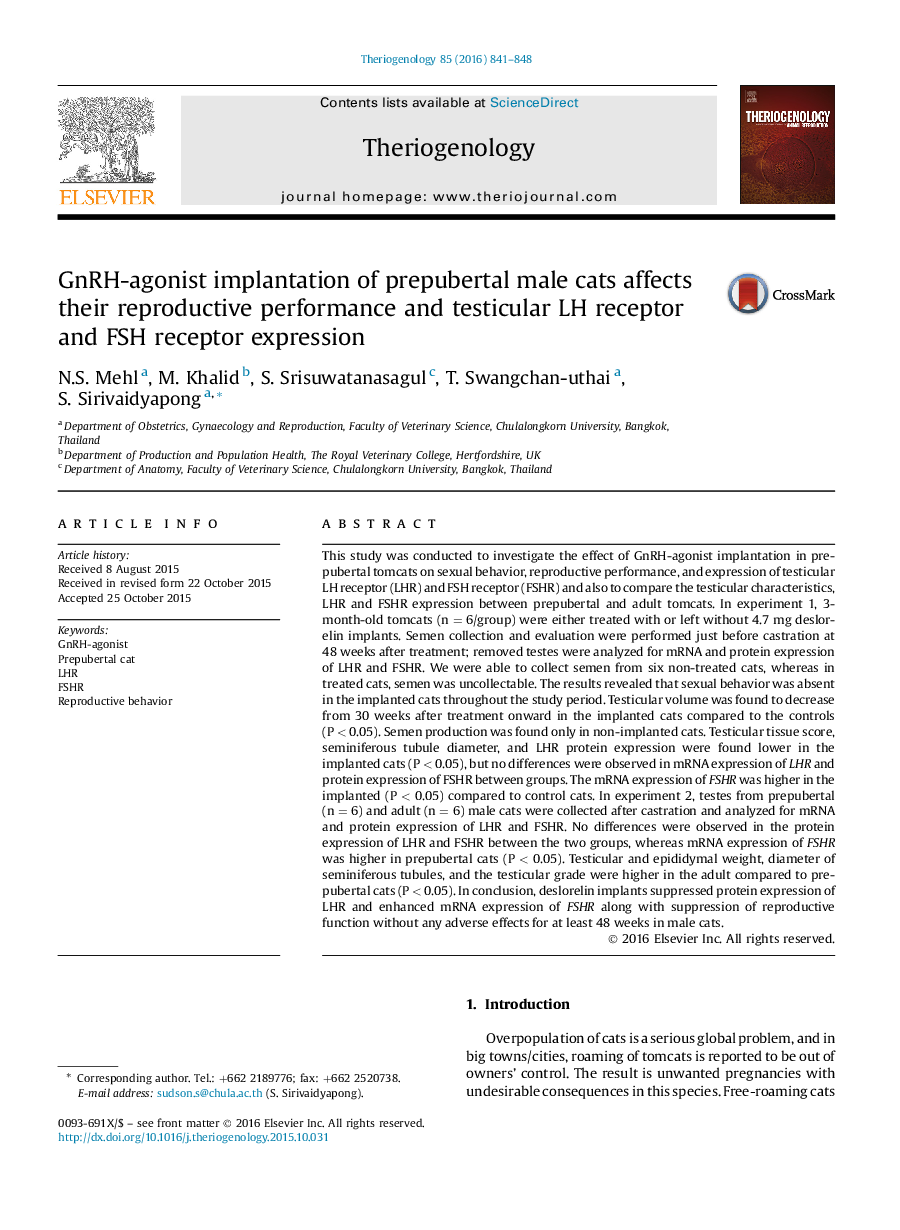 GnRH-agonist implantation of prepubertal male cats affects their reproductive performance and testicular LH receptor and FSH receptor expression