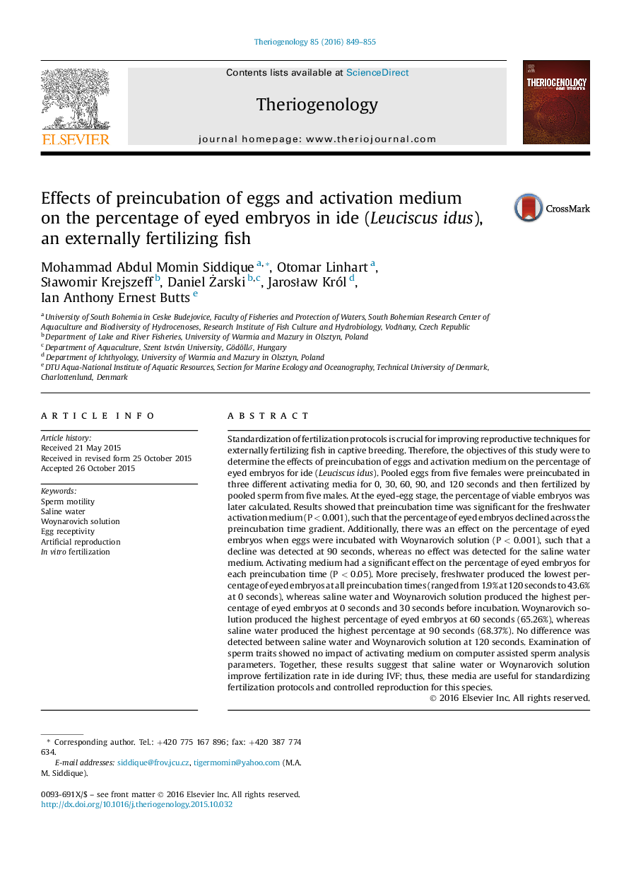 Effects of preincubation of eggs and activation medium on the percentage of eyed embryos in ide (Leuciscus idus), an externally fertilizing fish