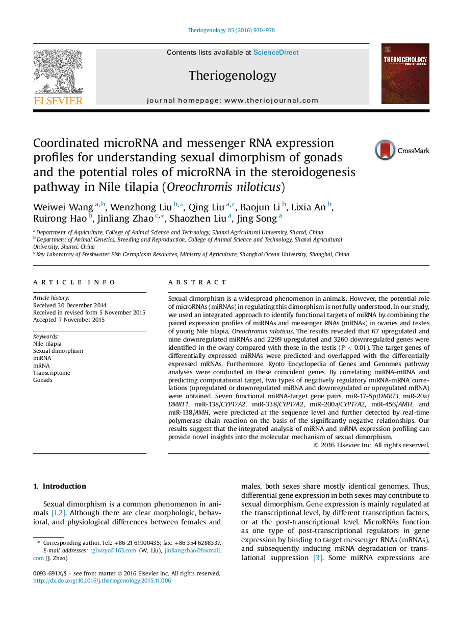 Coordinated microRNA and messenger RNA expression profiles for understanding sexual dimorphism of gonads and the potential roles of microRNA in the steroidogenesis pathway in Nile tilapia (Oreochromis niloticus)