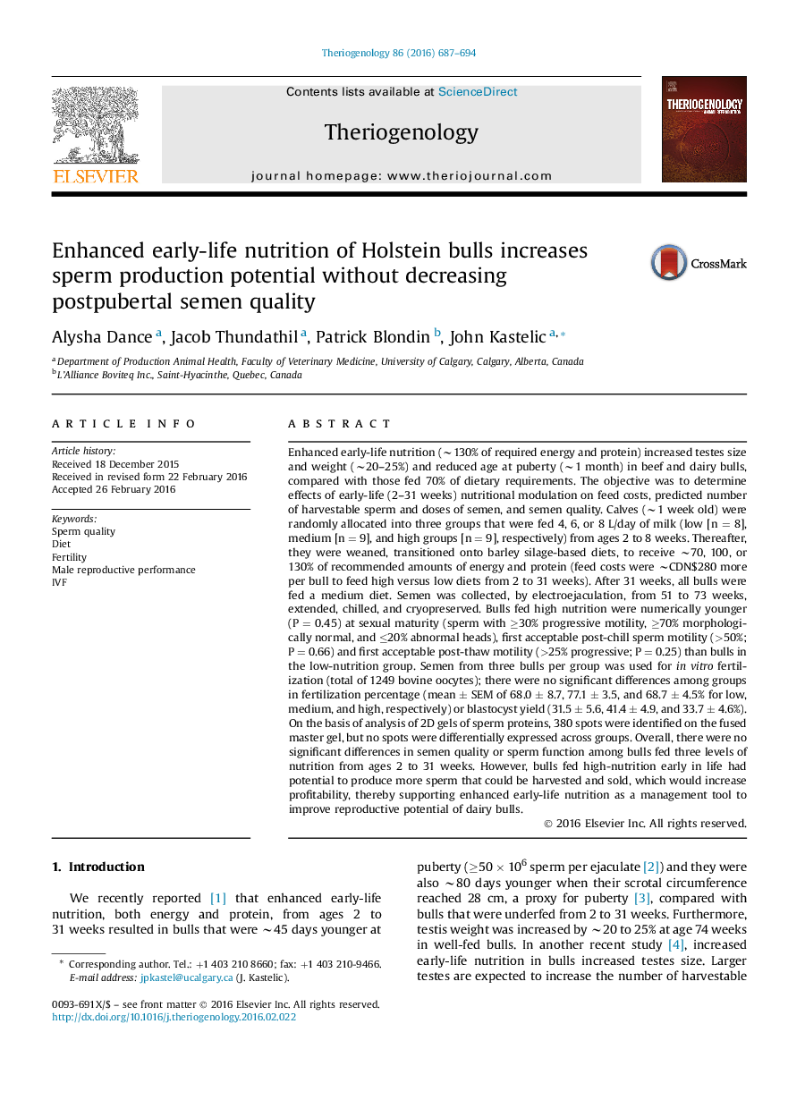 Enhanced early-life nutrition of Holstein bulls increases sperm production potential without decreasing postpubertal semen quality