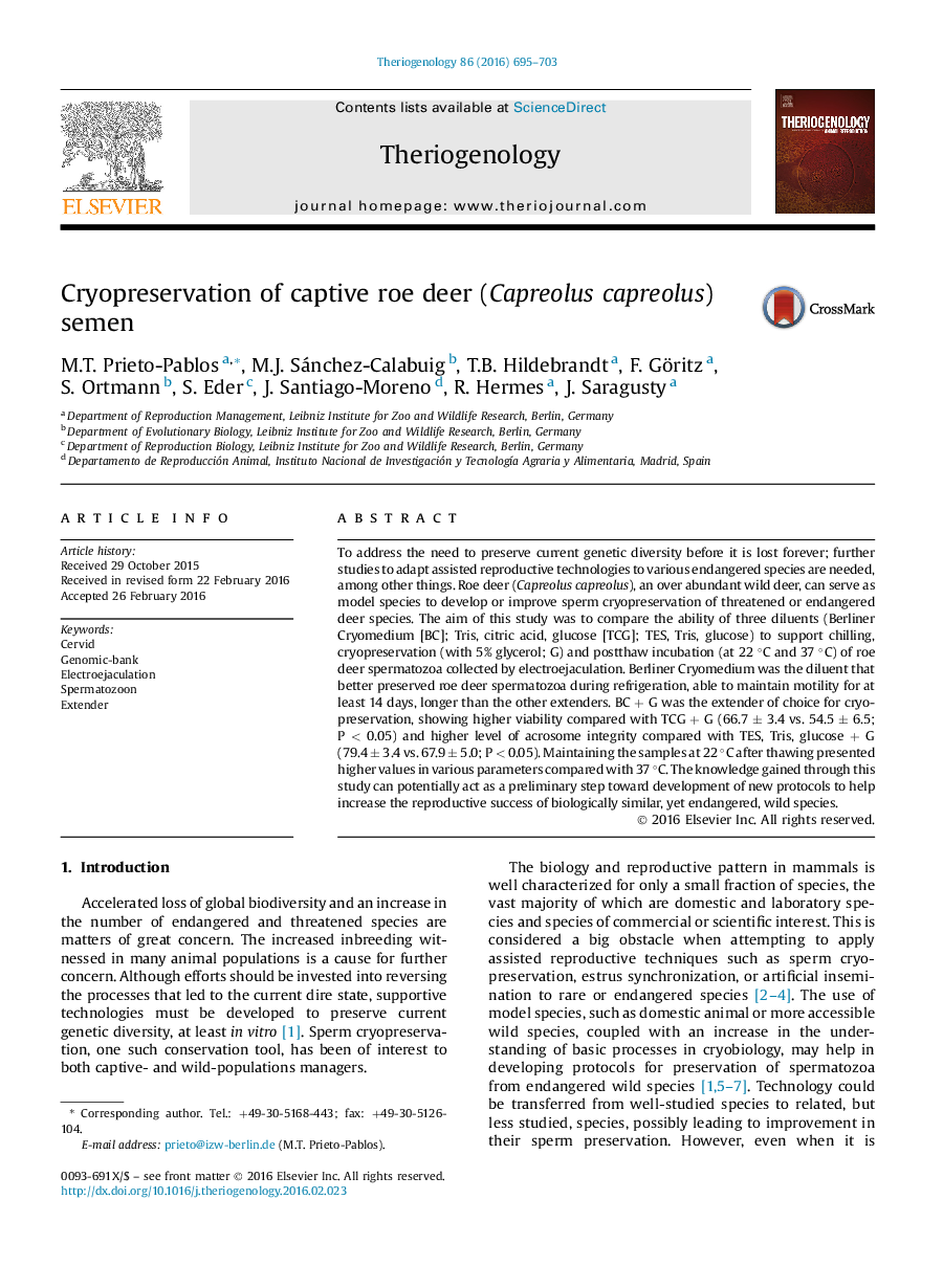 Cryopreservation of captive roe deer (Capreolus capreolus) semen