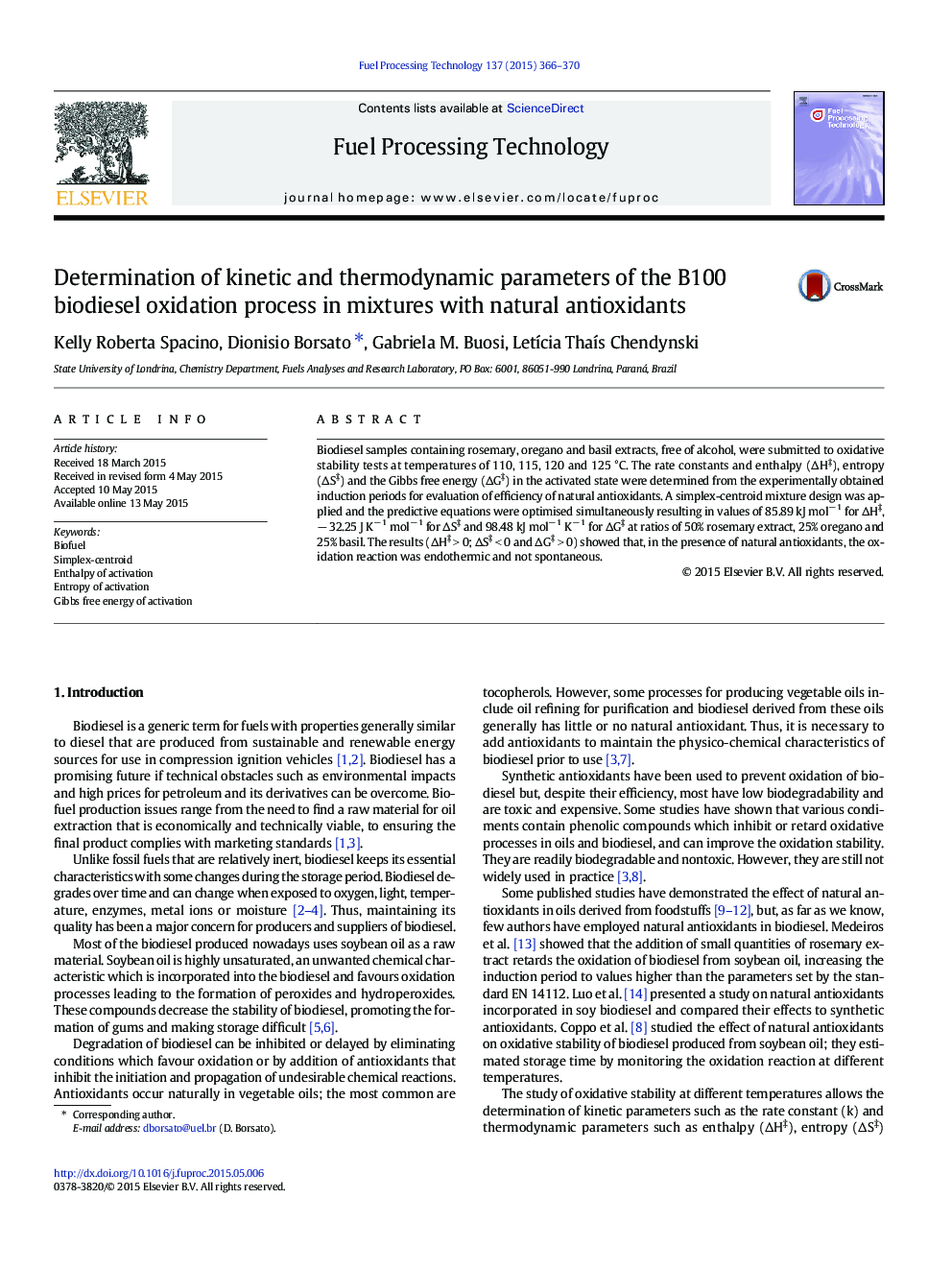 Determination of kinetic and thermodynamic parameters of the B100 biodiesel oxidation process in mixtures with natural antioxidants