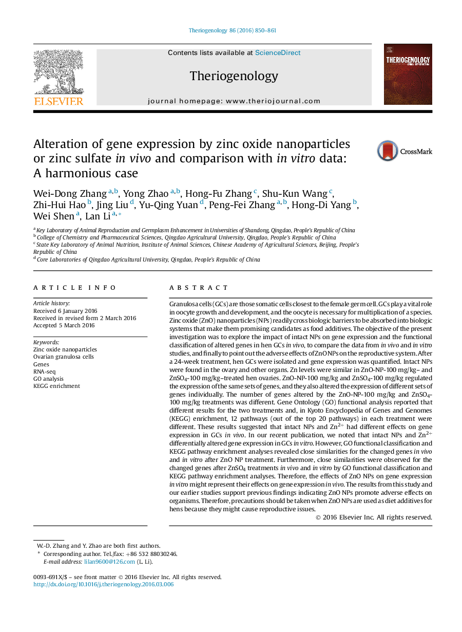 Alteration of gene expression by zinc oxide nanoparticles orÂ zinc sulfate inÂ vivo and comparison with inÂ vitro data: AÂ harmonious case