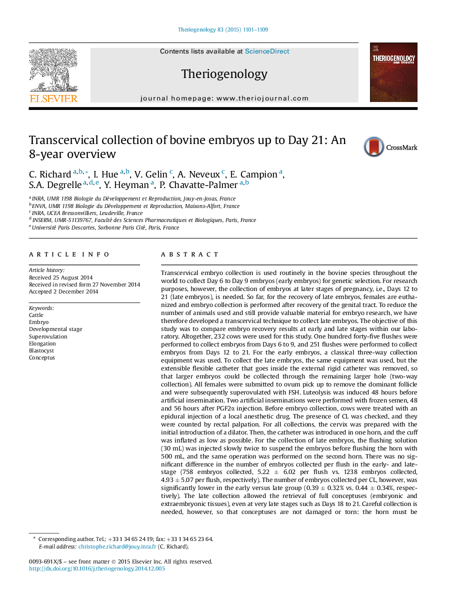 Transcervical collection of bovine embryos up to Day 21: An 8-year overview