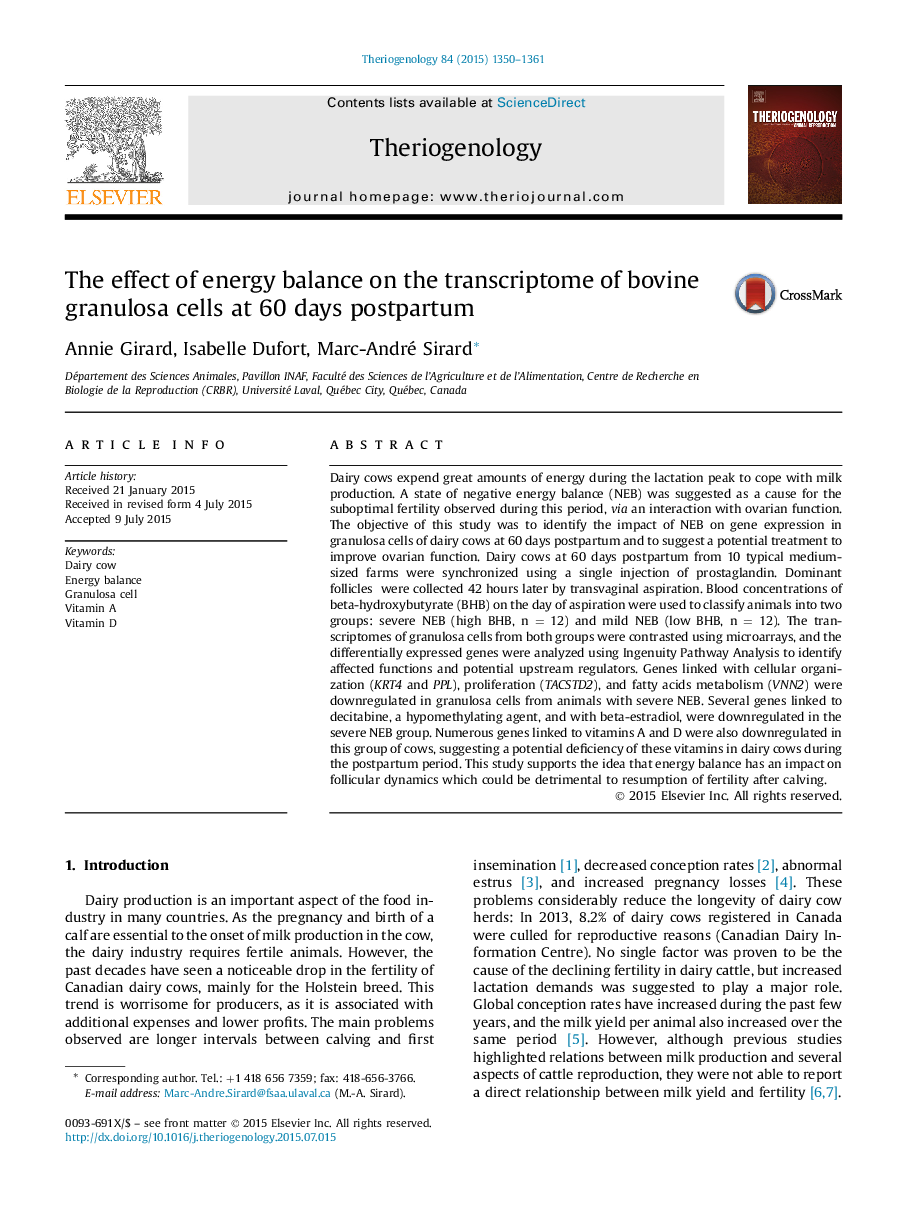 The effect of energy balance on the transcriptome of bovine granulosa cells at 60Â days postpartum