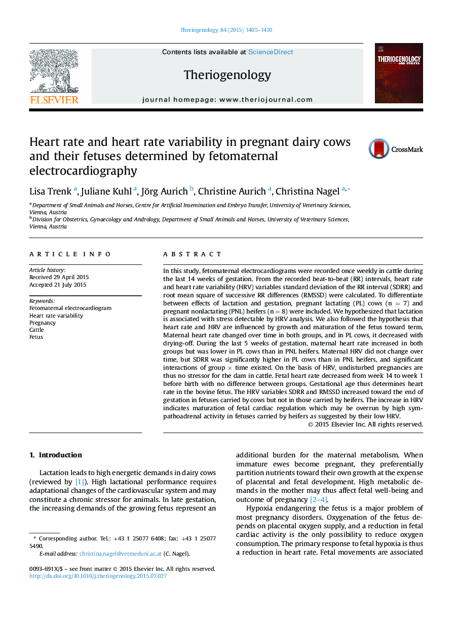 Heart rate and heart rate variability in pregnant dairy cows and their fetuses determined by fetomaternal electrocardiography