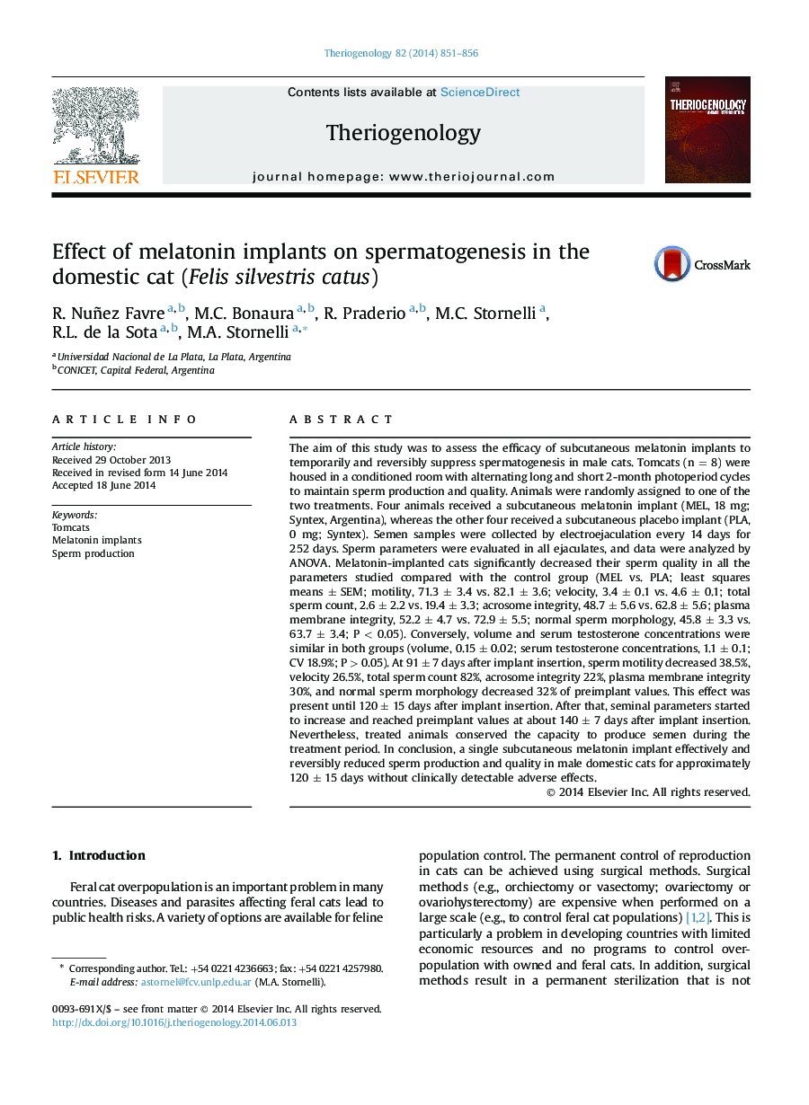 Effect of melatonin implants on spermatogenesis in the domestic cat (Felis silvestris catus)