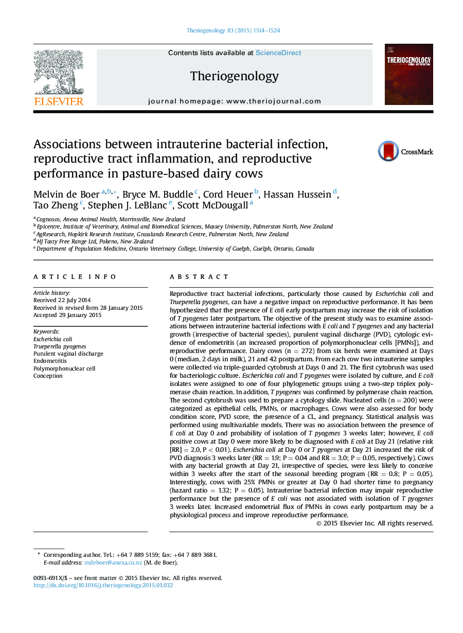 Associations between intrauterine bacterial infection, reproductive tract inflammation, and reproductive performance in pasture-based dairy cows