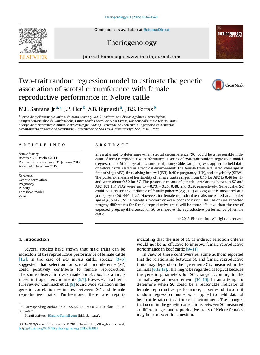 Two-trait random regression model to estimate the genetic association of scrotal circumference with female reproductive performance in Nelore cattle