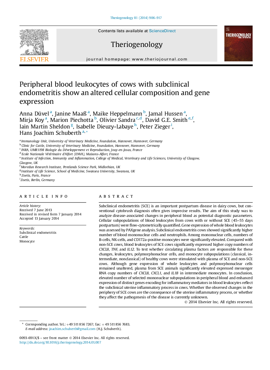 Peripheral blood leukocytes of cows with subclinical endometritis show an altered cellular composition and gene expression