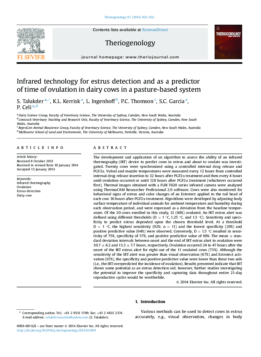 Infrared technology for estrus detection and as a predictor of time of ovulation in dairy cows in a pasture-based system