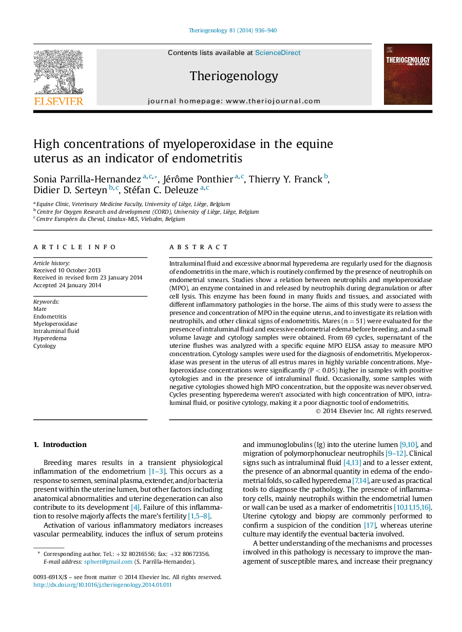 High concentrations of myeloperoxidase in the equine uterus as an indicator of endometritis