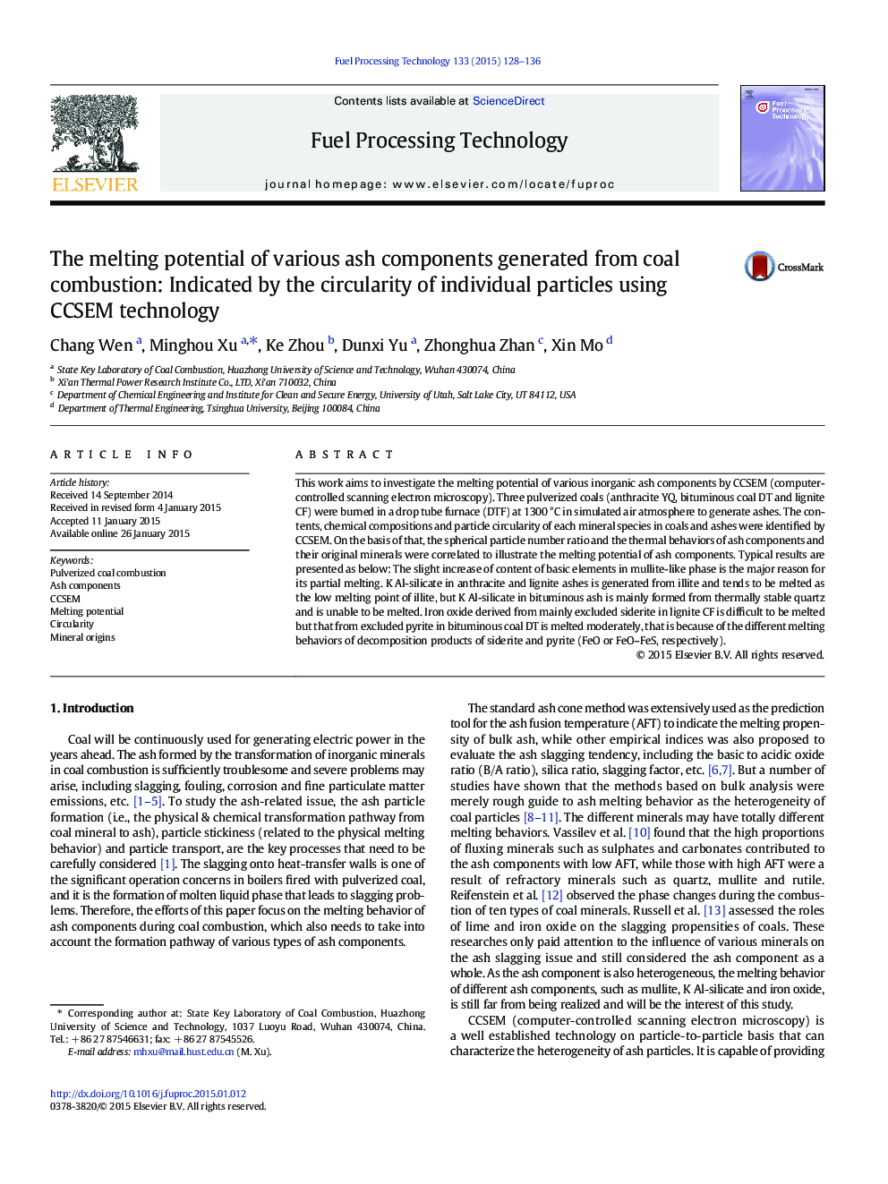 The melting potential of various ash components generated from coal combustion: Indicated by the circularity of individual particles using CCSEM technology