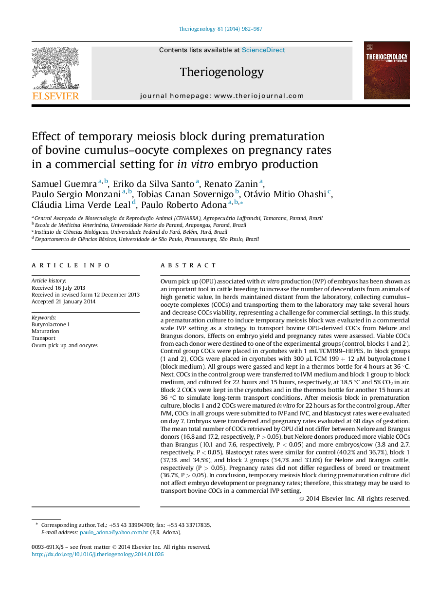 Effect of temporary meiosis block during prematuration of bovine cumulus–oocyte complexes on pregnancy rates in a commercial setting for in vitro embryo production