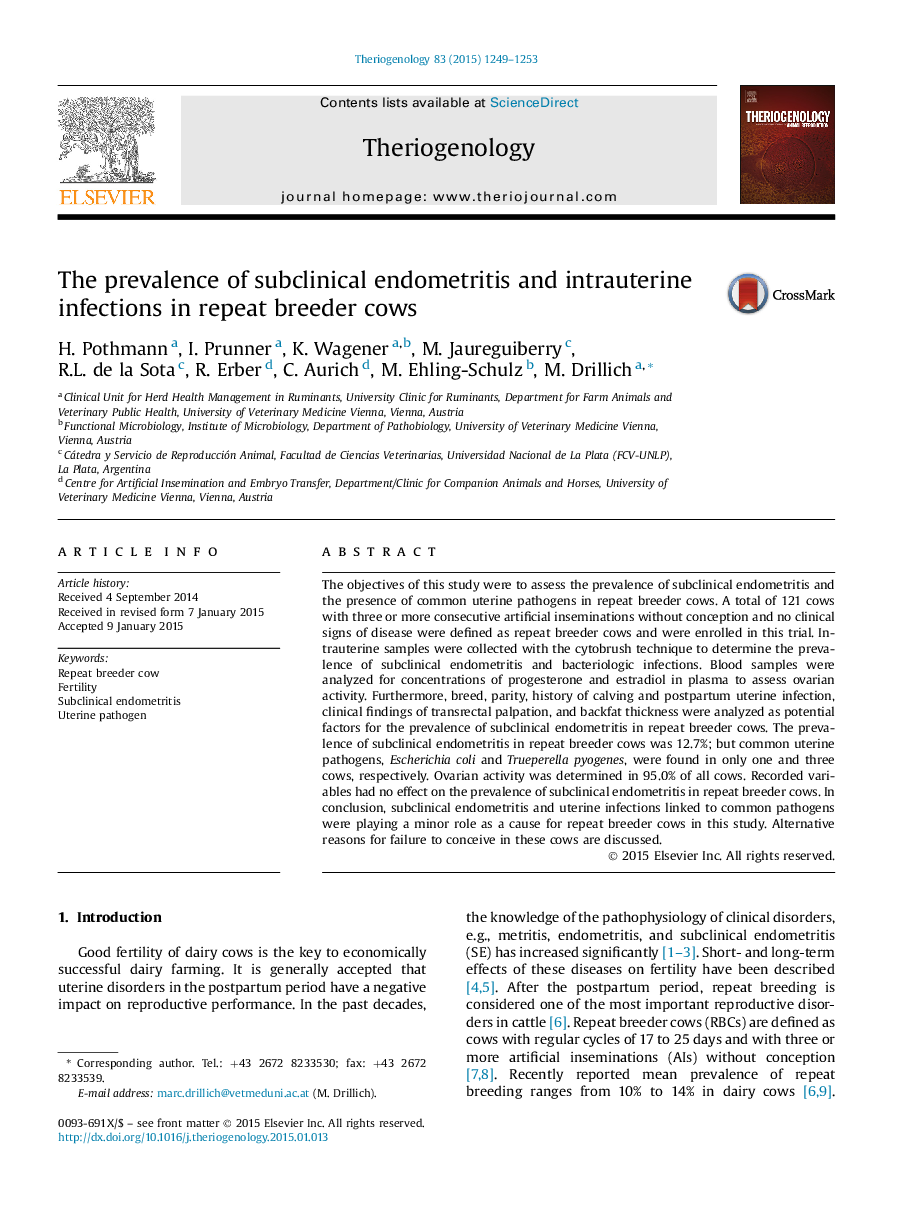 The prevalence of subclinical endometritis and intrauterine infections in repeat breeder cows