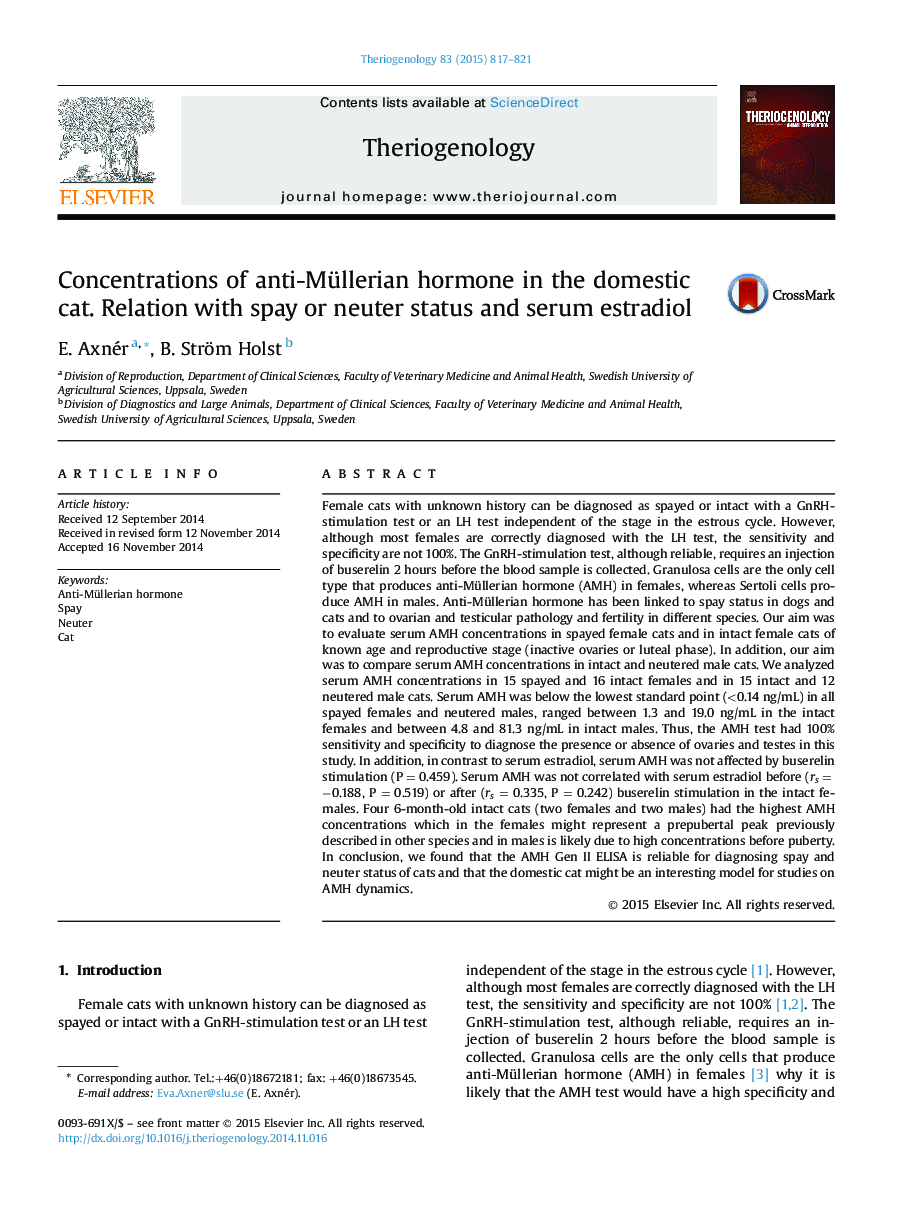 Concentrations of anti-Müllerian hormone in the domestic cat. Relation with spay or neuter status and serum estradiol