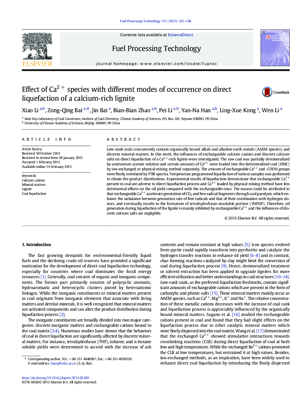 Effect of Ca2 + species with different modes of occurrence on direct liquefaction of a calcium-rich lignite