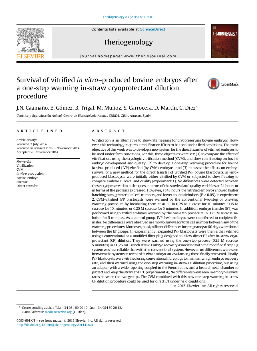 Survival of vitrified in vitro–produced bovine embryos after a one-step warming in-straw cryoprotectant dilution procedure