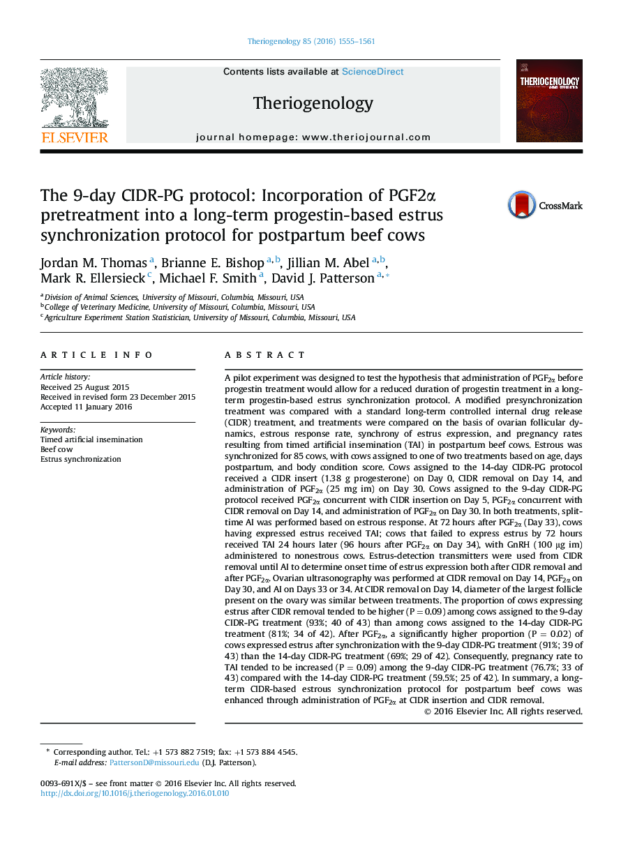 پروتکل 9 روزه CIDR-PG: ادغام پیش تصفیه PGF2α در یک پروتکل هماهنگ سازی فحلی مبتنی بر پروژسترون بلندمدت برای گاو پس از زایمان  