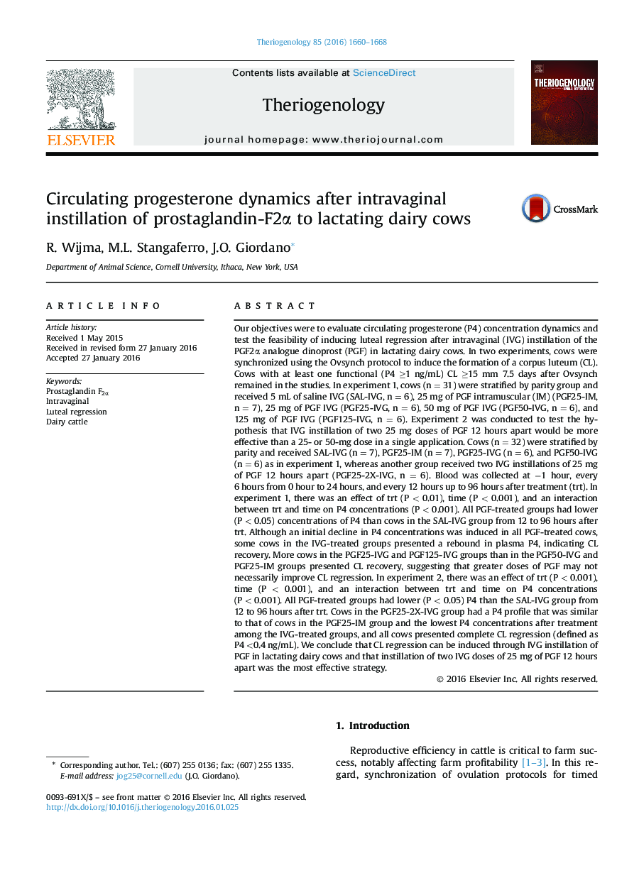 Circulating progesterone dynamics after intravaginal instillation of prostaglandin-F2α to lactating dairy cows