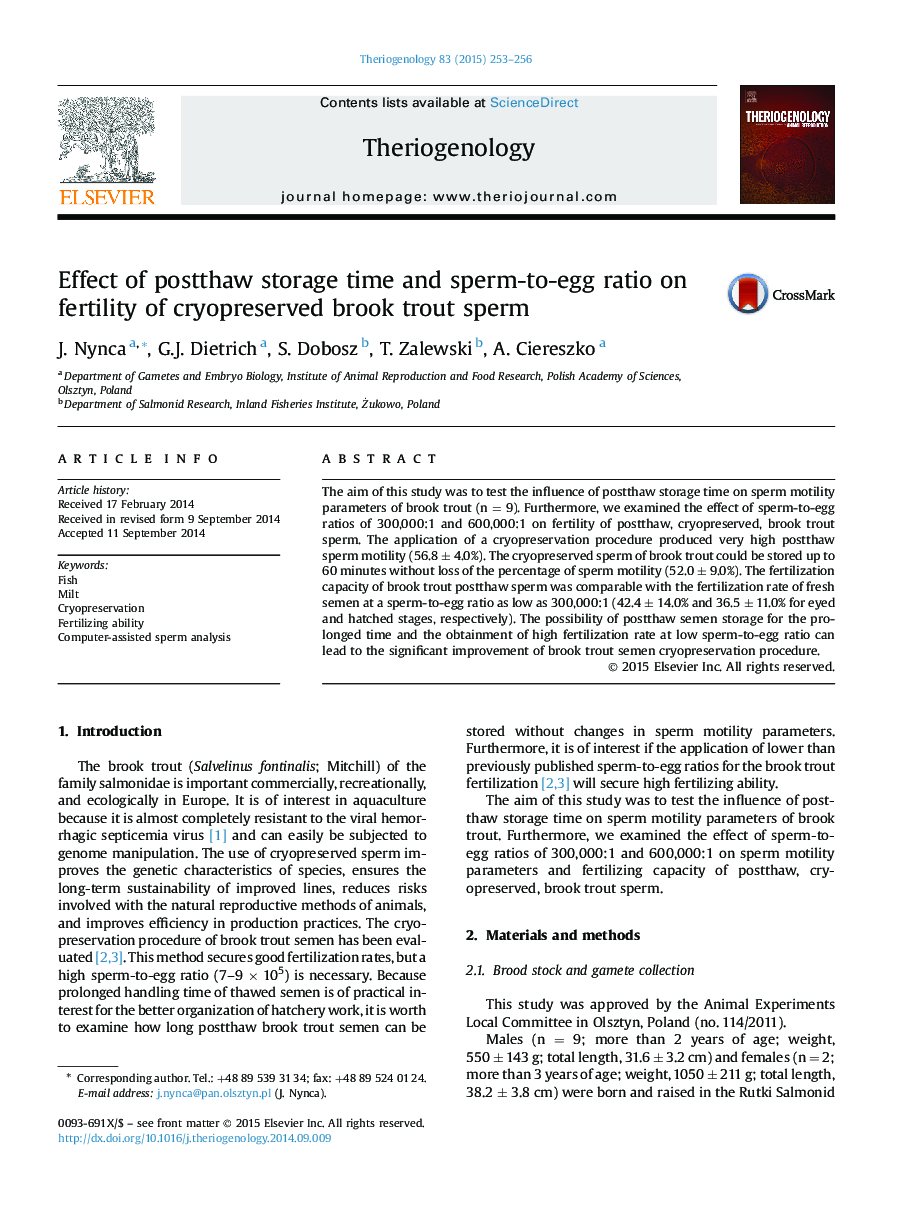 تأثیر زمان ذخیره پس از زایمان و نسبت اسپرم به تخم مرغ بر باروری اسپرم ماهی قزل آلا سرخ شده 