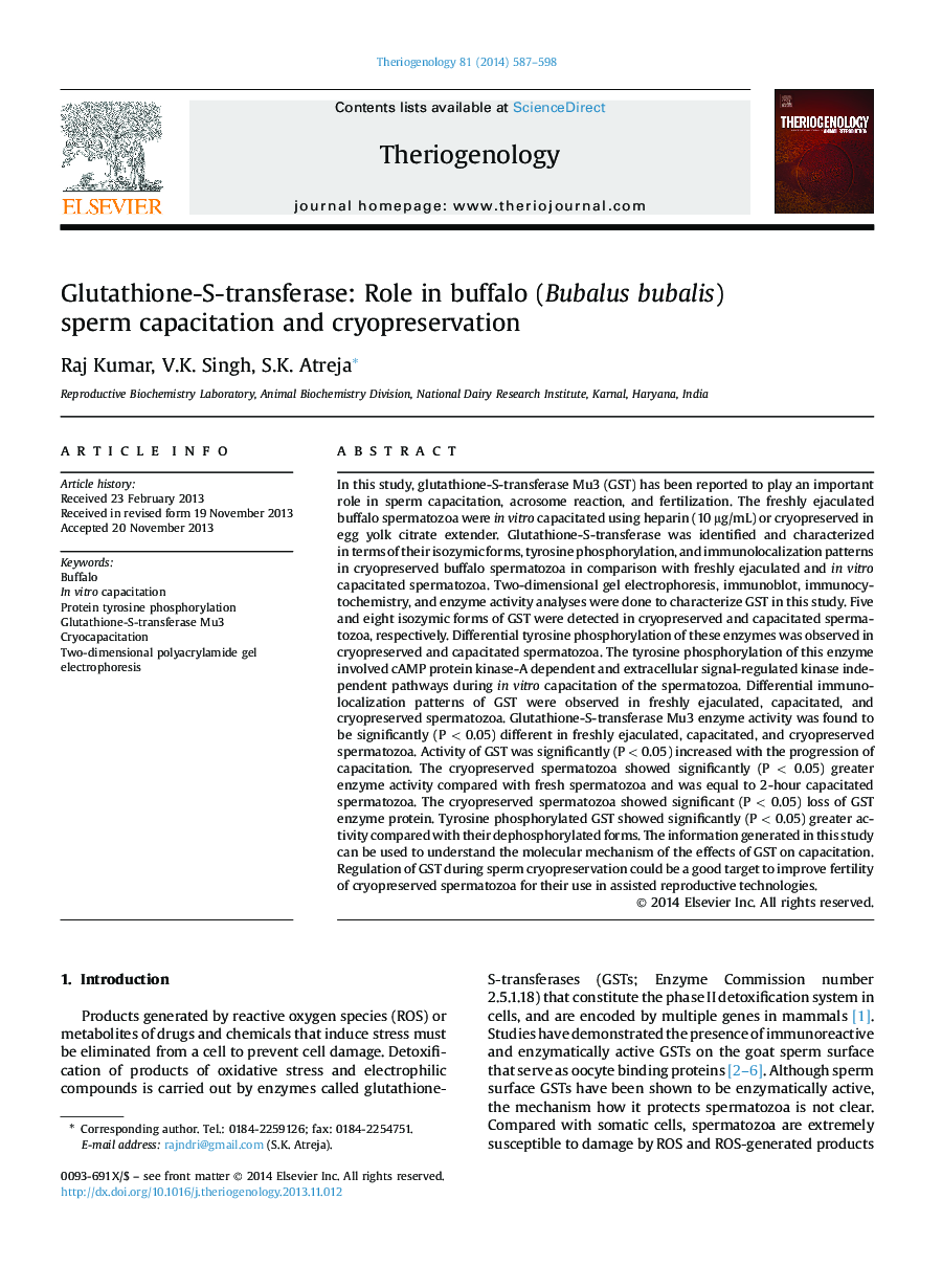 Glutathione-S-transferase: Role in buffalo (Bubalus bubalis) sperm capacitation and cryopreservation