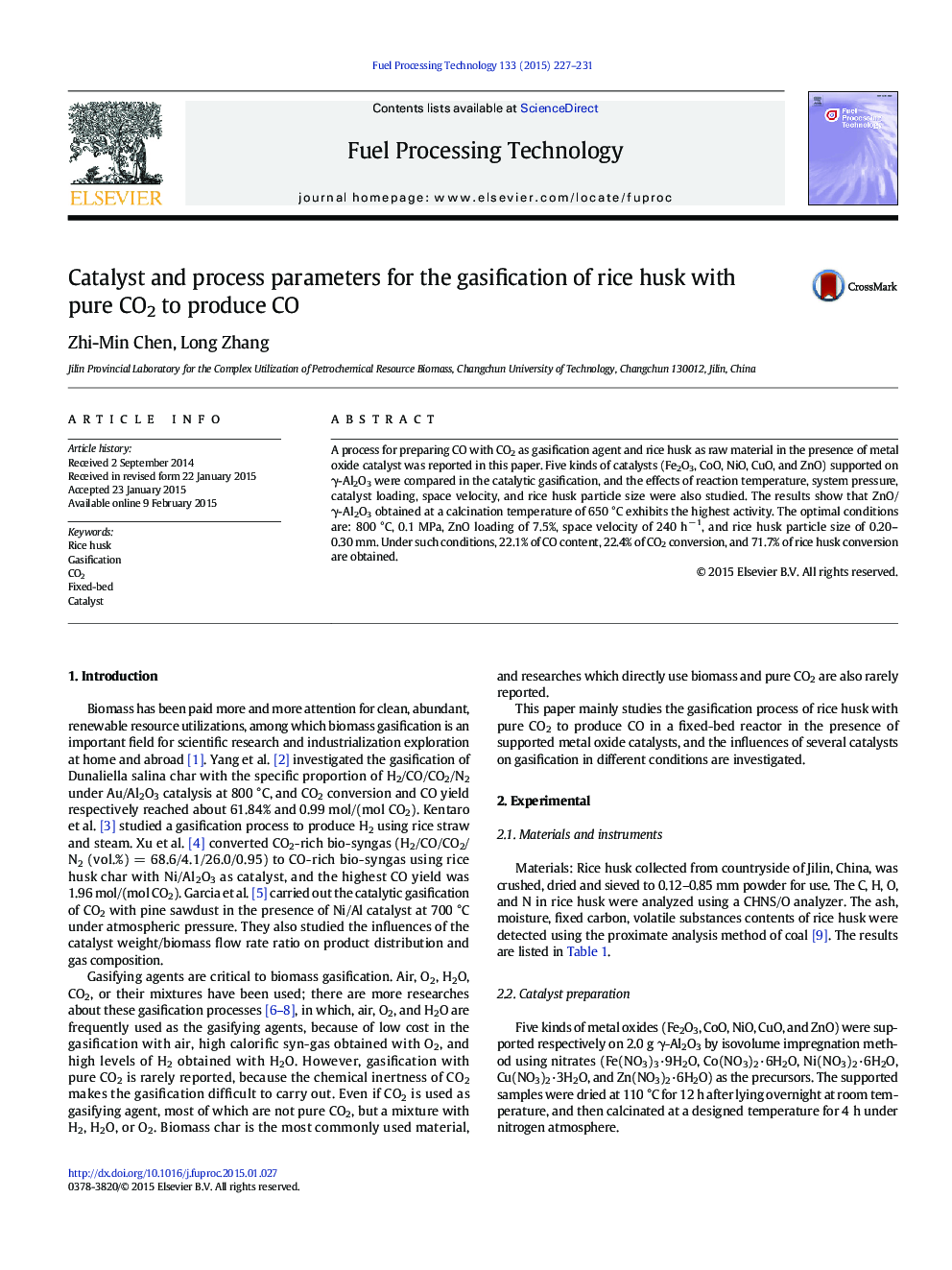 Catalyst and process parameters for the gasification of rice husk with pure CO2 to produce CO