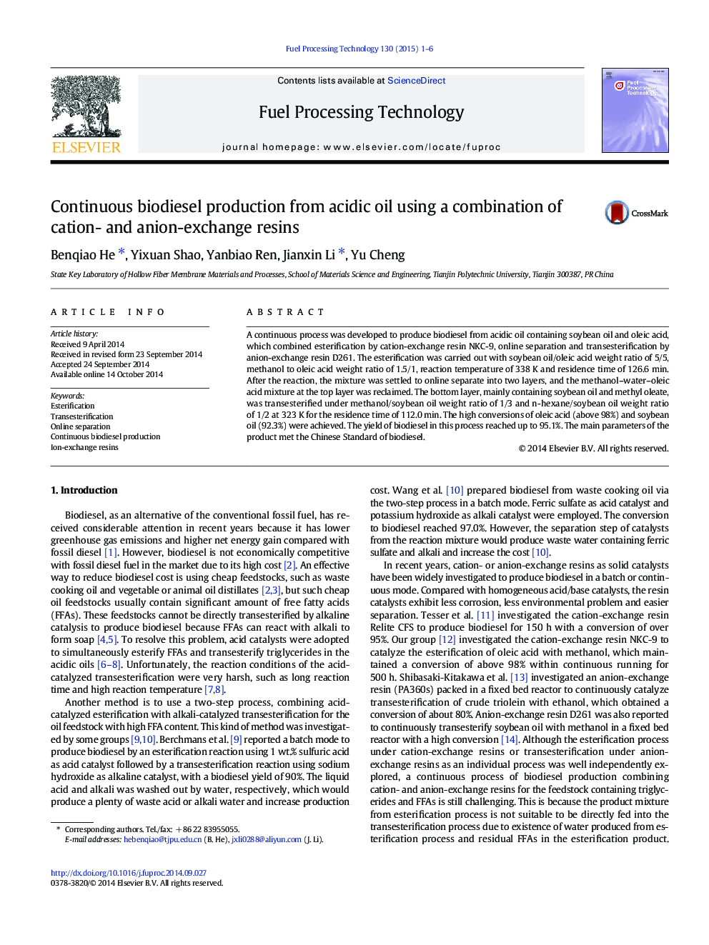 Continuous biodiesel production from acidic oil using a combination of cation- and anion-exchange resins