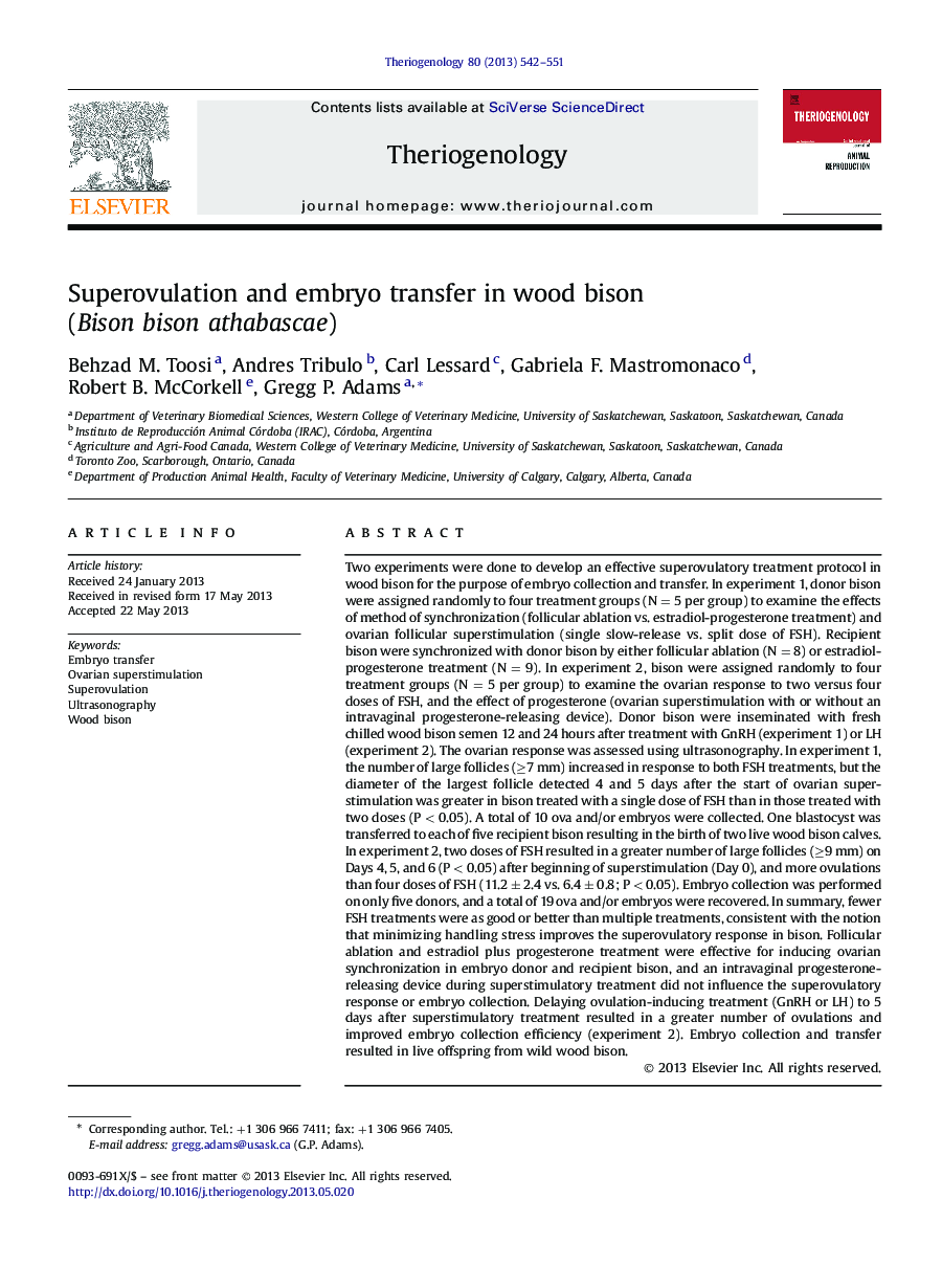 Superovulation and embryo transfer in wood bison (Bison bison athabascae)