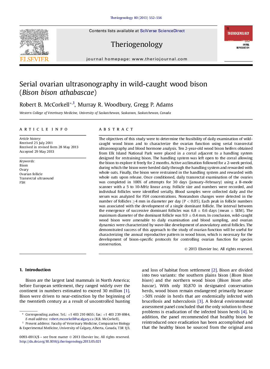 Serial ovarian ultrasonography in wild-caught wood bison (Bison bison athabascae)