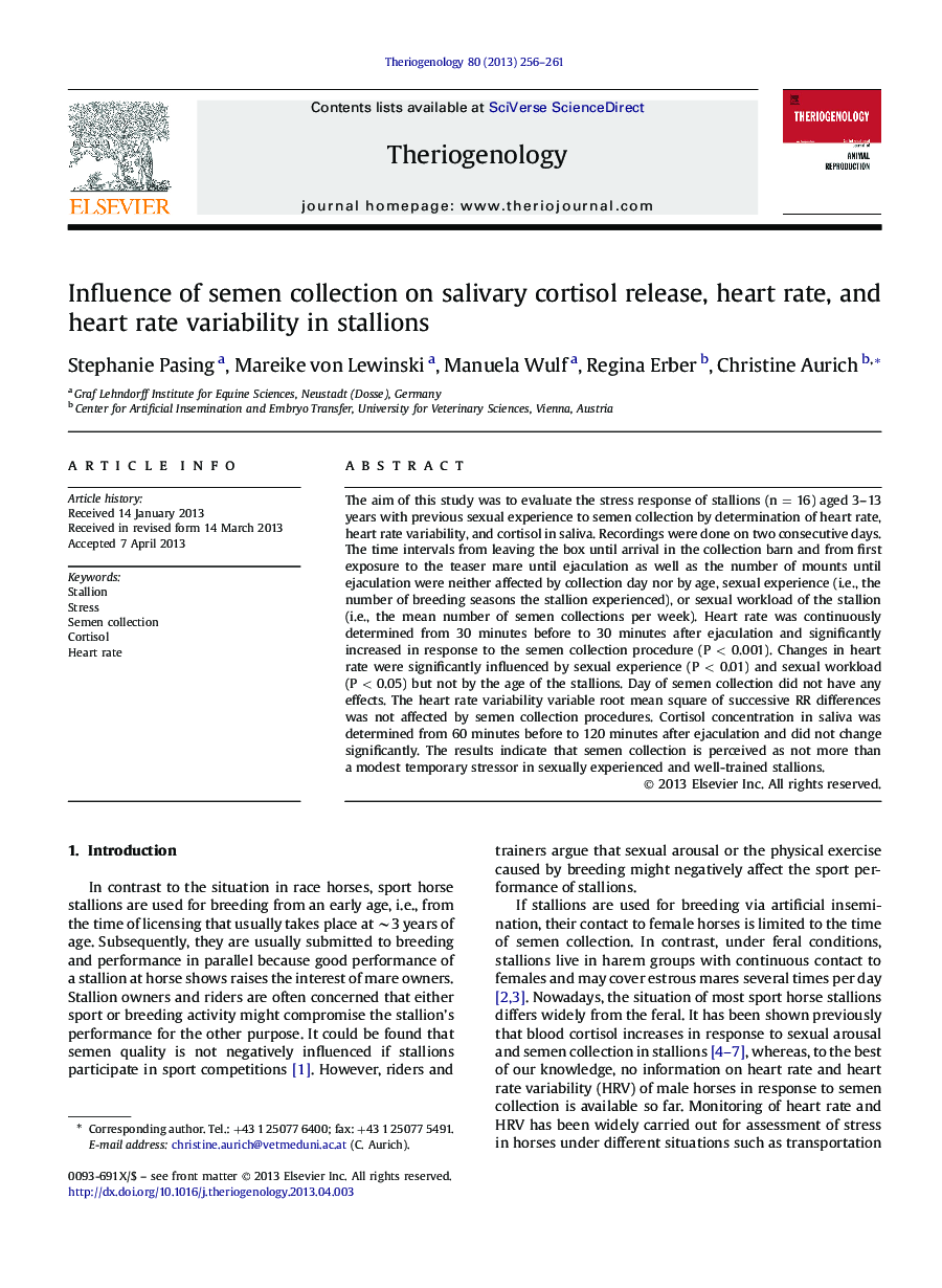 Influence of semen collection on salivary cortisol release, heart rate, and heart rate variability in stallions