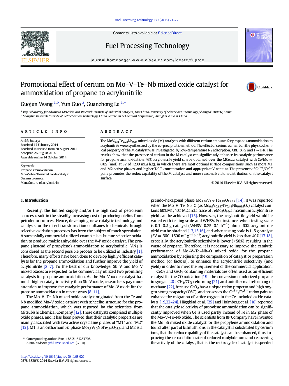 Promotional effect of cerium on Mo–V–Te–Nb mixed oxide catalyst for ammoxidation of propane to acrylonitrile