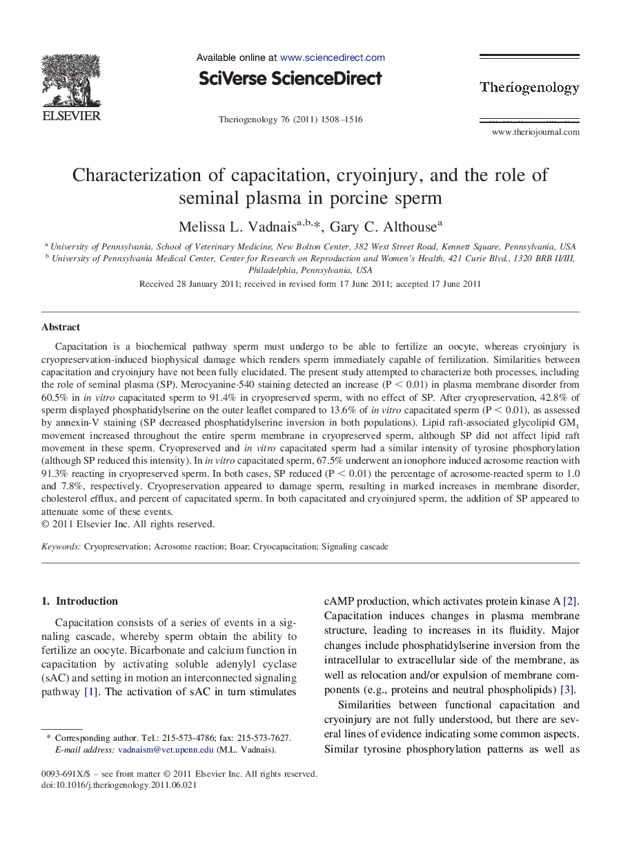 Characterization of capacitation, cryoinjury, and the role of seminal plasma in porcine sperm