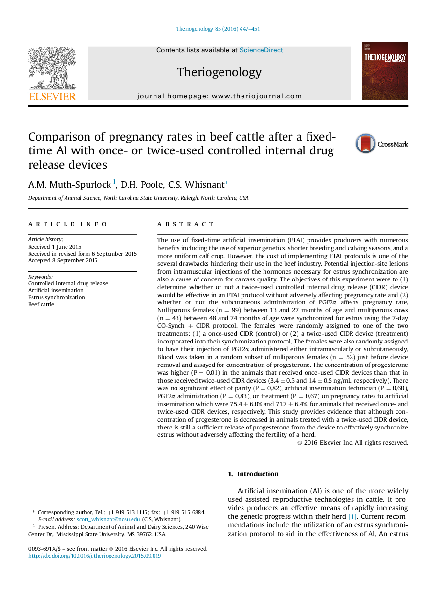 Comparison of pregnancy rates in beef cattle after a fixed-time AI with once- or twice-used controlled internal drug release devices