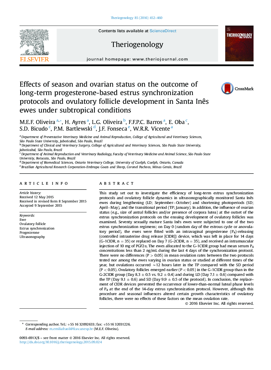 Effects of season and ovarian status on the outcome of long-term progesterone-based estrus synchronization protocols and ovulatory follicle development in Santa Inês ewes under subtropical conditions