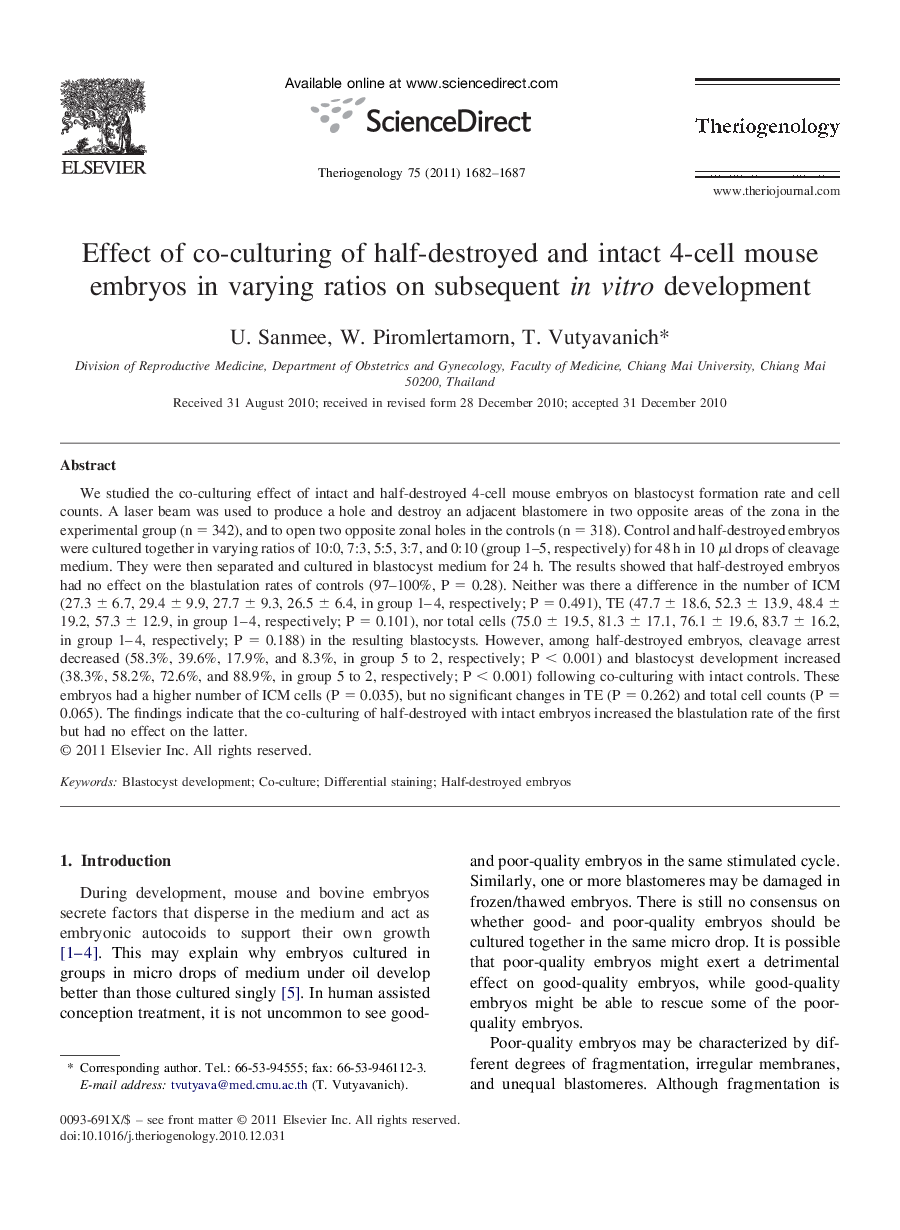 Effect of co-culturing of half-destroyed and intact 4-cell mouse embryos in varying ratios on subsequent in vitro development