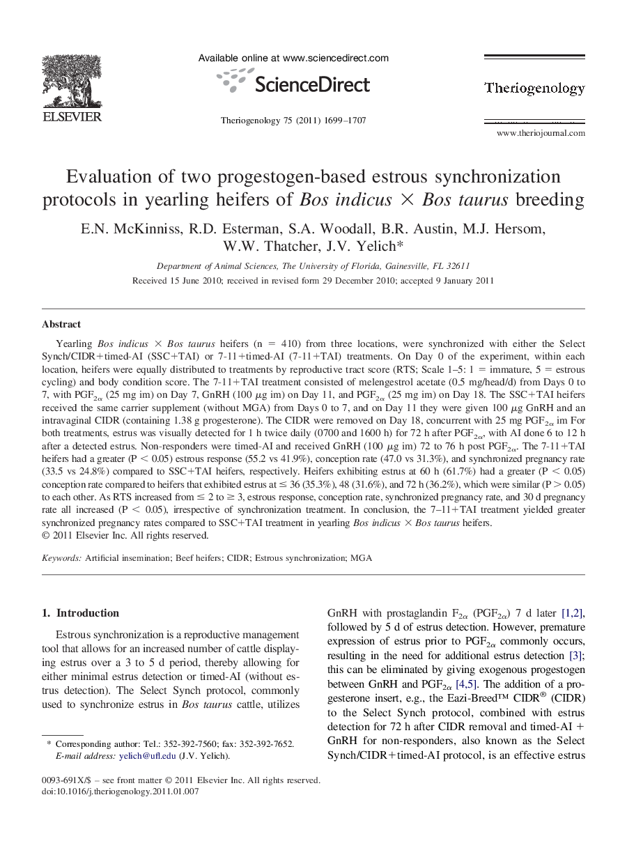 Evaluation of two progestogen-based estrous synchronization protocols in yearling heifers of Bos indicus × Bos taurus breeding