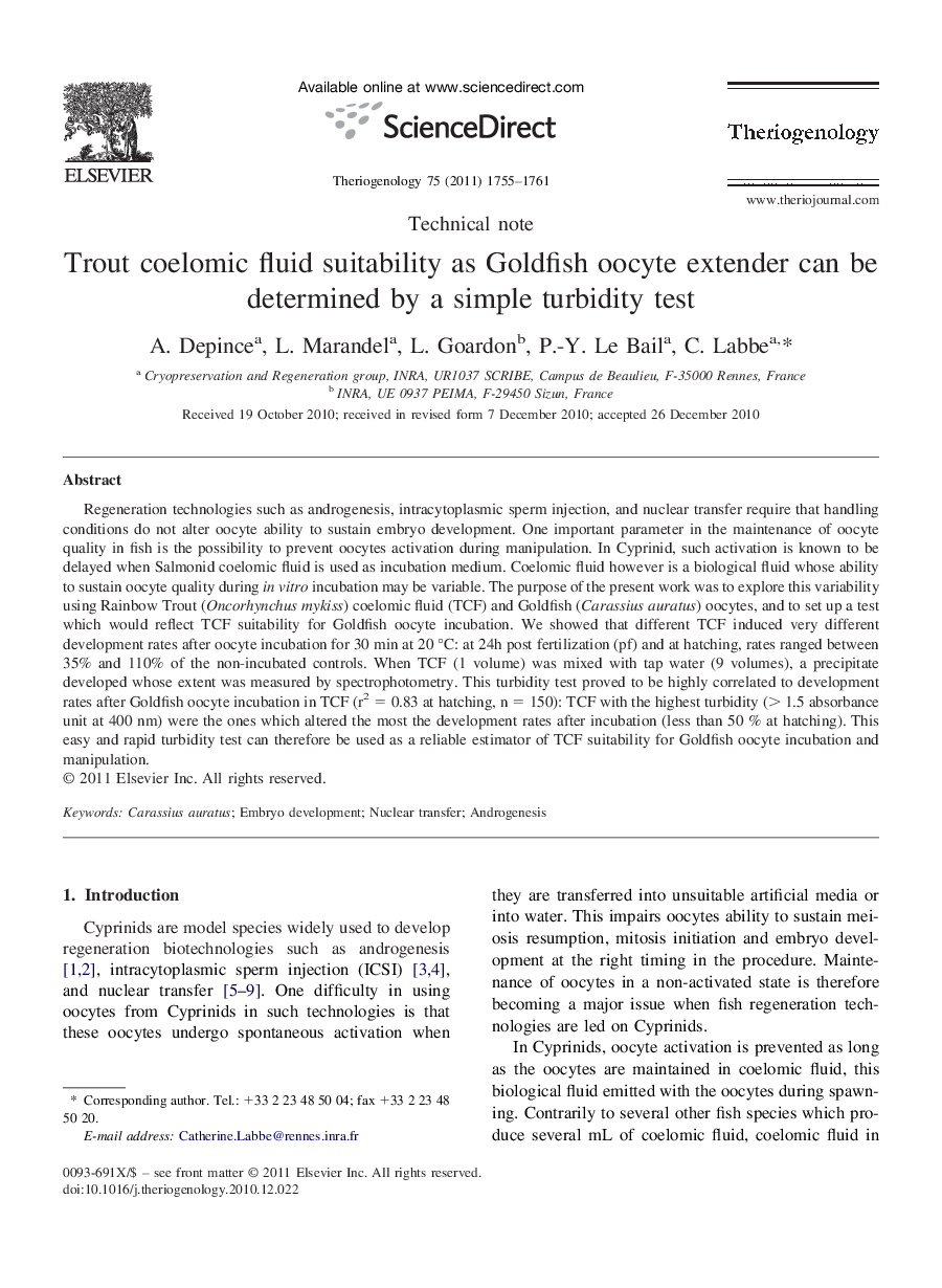 Trout coelomic fluid suitability as Goldfish oocyte extender can be determined by a simple turbidity test