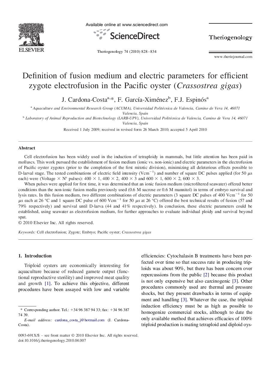 Definition of fusion medium and electric parameters for efficient zygote electrofusion in the Pacific oyster (Crassostrea gigas)