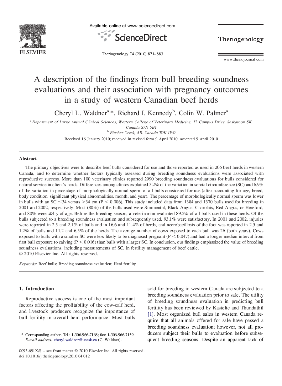 A description of the findings from bull breeding soundness evaluations and their association with pregnancy outcomes in a study of western Canadian beef herds