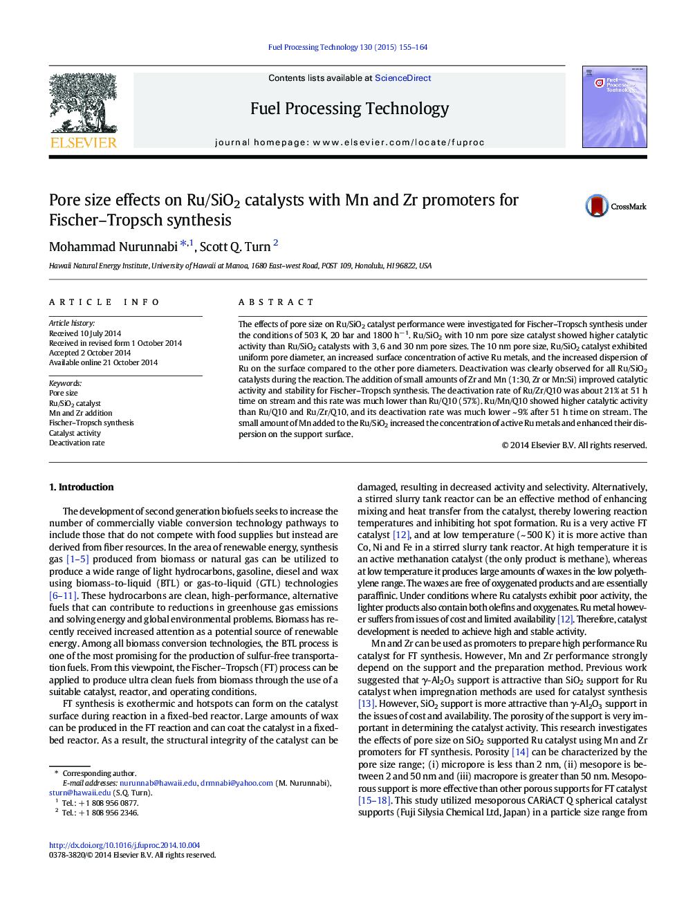 Pore size effects on Ru/SiO2 catalysts with Mn and Zr promoters for Fischer–Tropsch synthesis