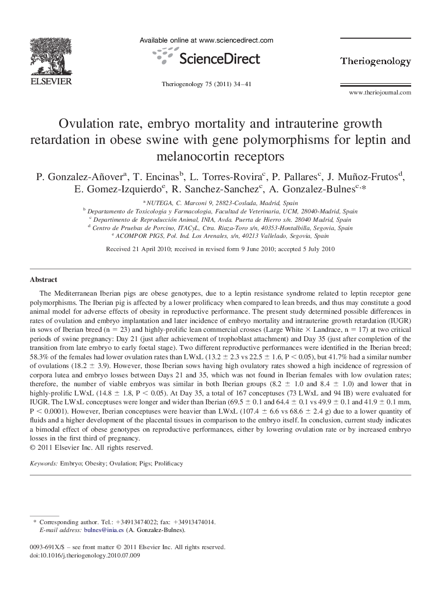 Ovulation rate, embryo mortality and intrauterine growth retardation in obese swine with gene polymorphisms for leptin and melanocortin receptors