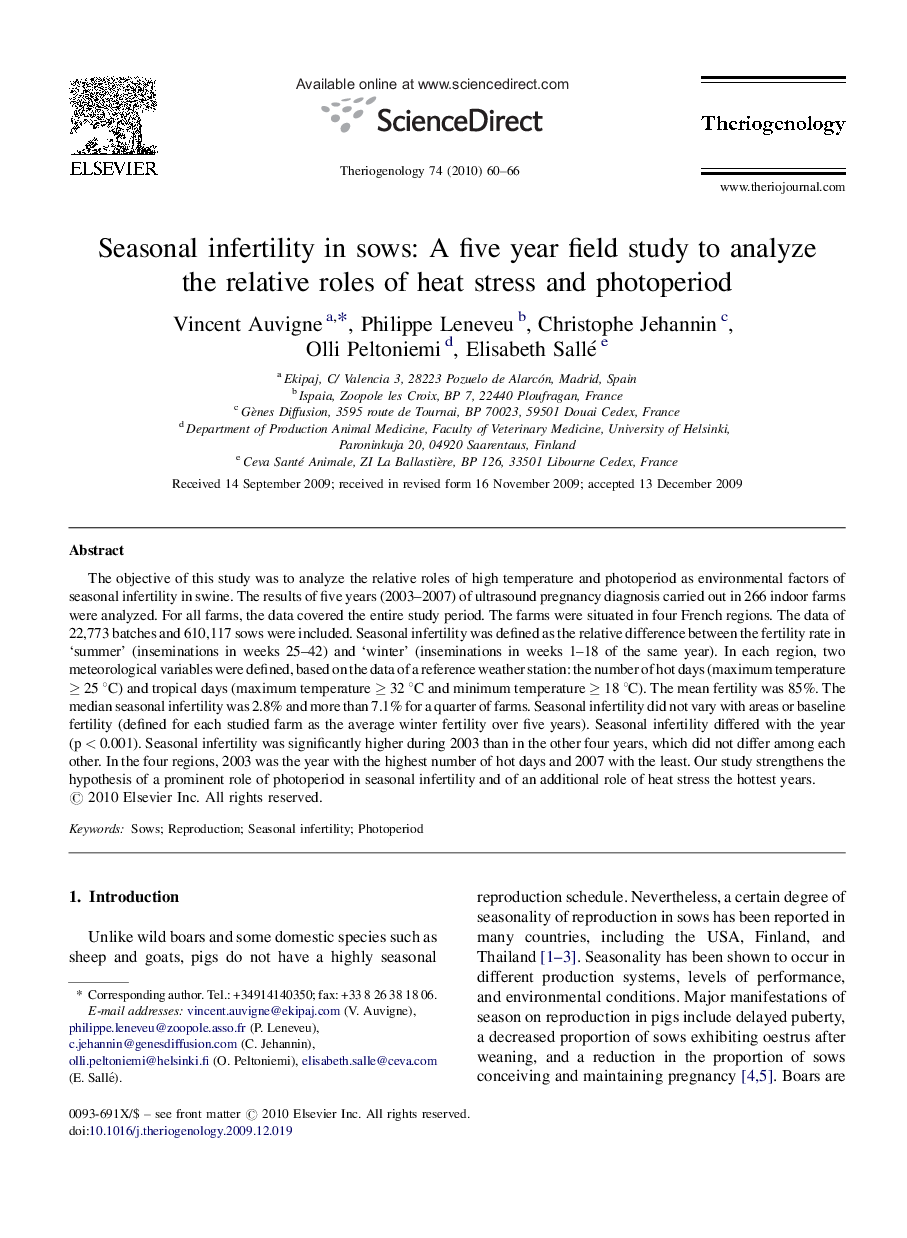 Seasonal infertility in sows: A five year field study to analyze the relative roles of heat stress and photoperiod