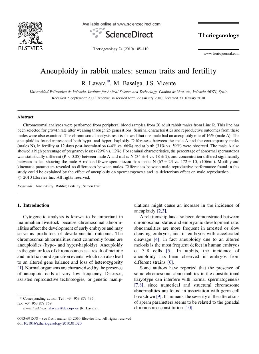 Aneuploidy in rabbit males: semen traits and fertility